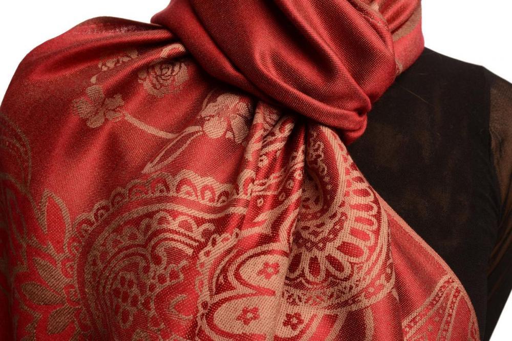 Liss Kiss Paisley & Roses On Burgundy Red Pashmina Feel With Tassels - Scarf