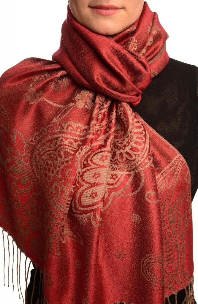 liss kiss Paisley & Roses On Burgundy Red Pashmina Feel With Tassels - Scarf