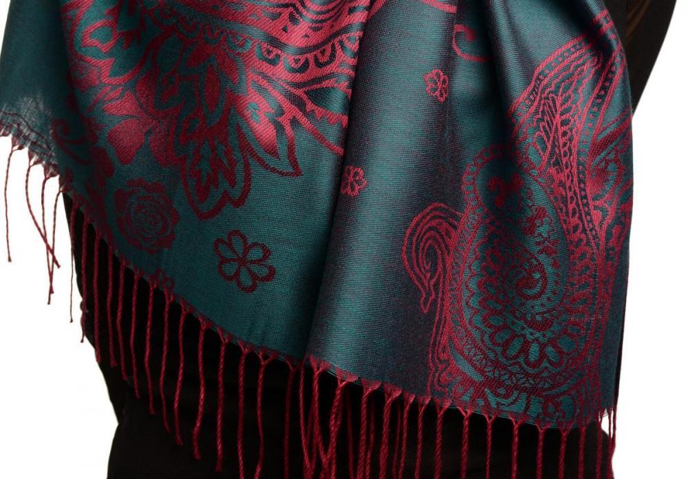 Liss Kiss Paisley & Roses On Cerulean Blue Pashmina Feel With Tassels - Scarf