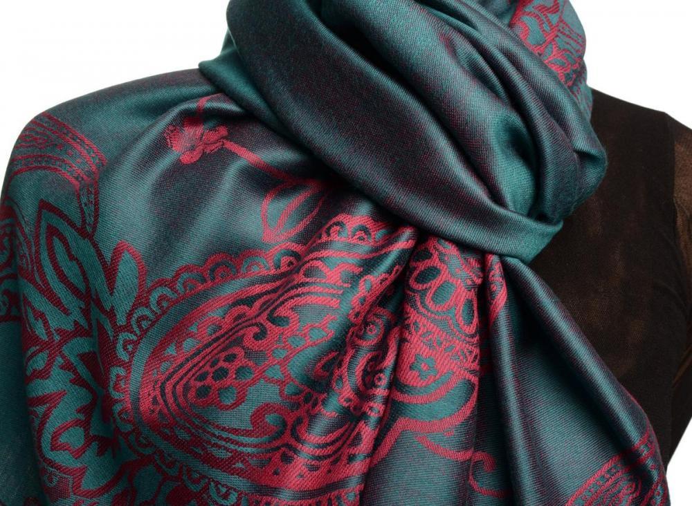 Liss Kiss Paisley & Roses On Cerulean Blue Pashmina Feel With Tassels - Scarf