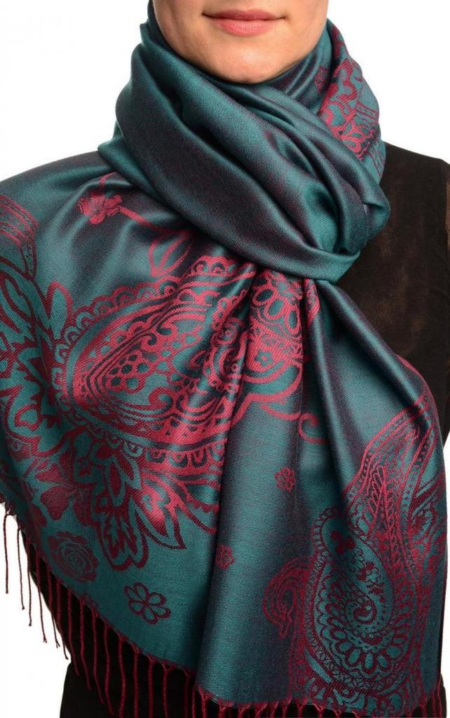 liss kiss Paisley & Roses On Cerulean Blue Pashmina Feel With Tassels - Scarf