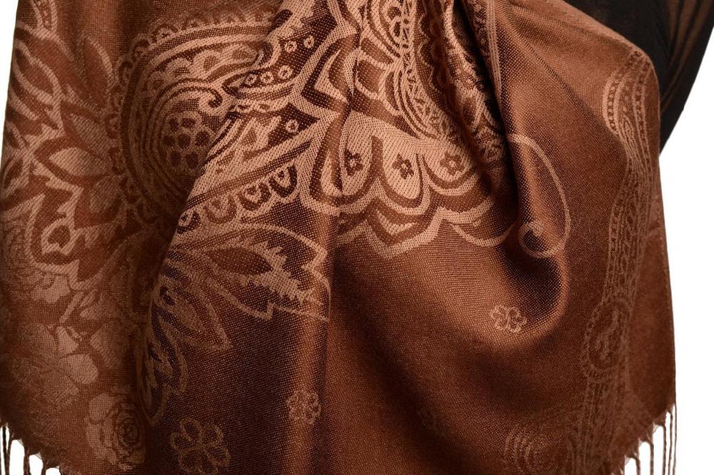 Liss Kiss Paisley & Roses On Dark Brown Pashmina Feel With Tassels - Scarf