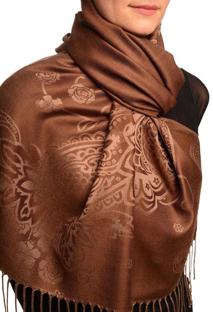 Liss Kiss Paisley & Roses On Dark Brown Pashmina Feel With Tassels - Scarf