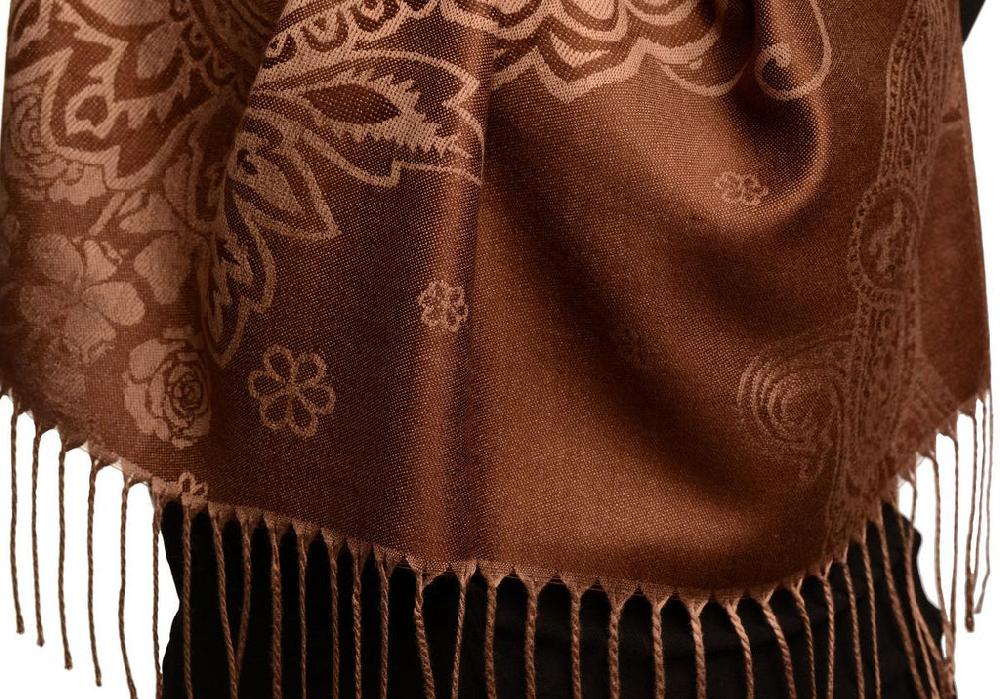 Liss Kiss Paisley & Roses On Dark Brown Pashmina Feel With Tassels - Scarf