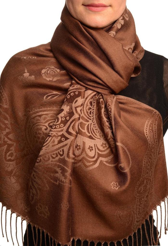 liss kiss Paisley & Roses On Dark Brown Pashmina Feel With Tassels - Scarf
