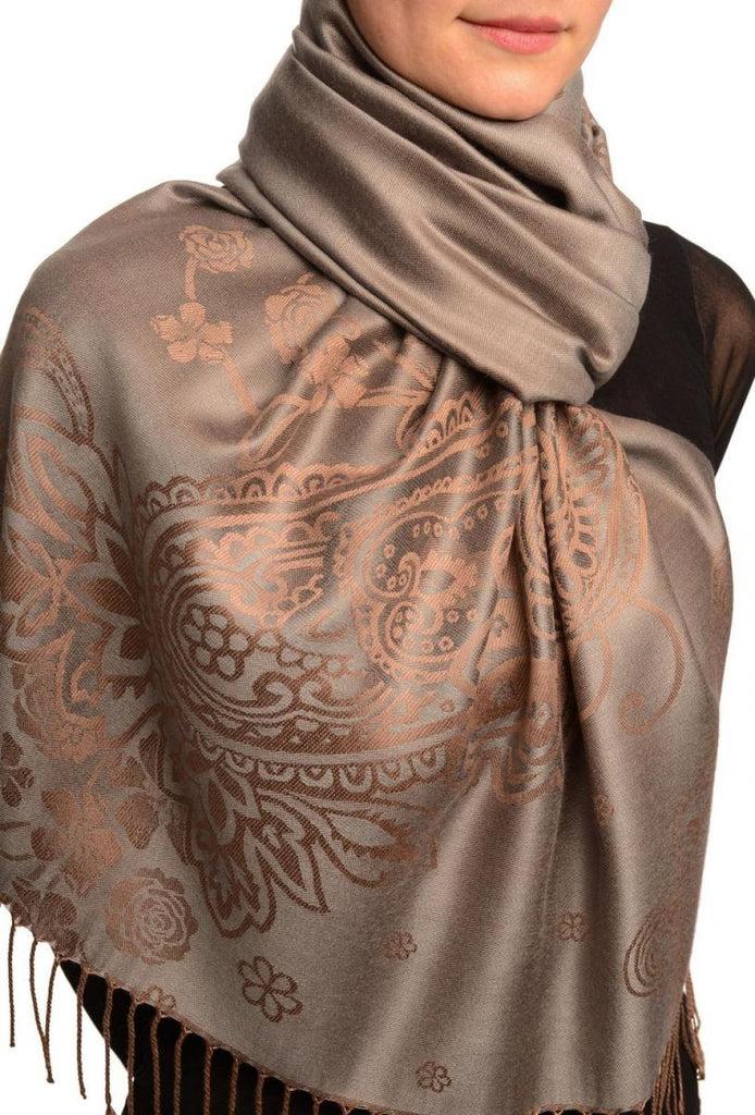 Liss Kiss Paisley & Roses On Dark Grey Pashmina Feel With Tassels - Scarf