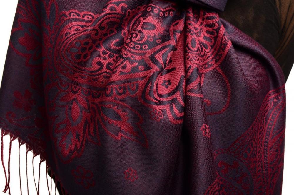 Liss Kiss Paisley & Roses On Dark Purple Pashmina Feel With Tassels - Scarf