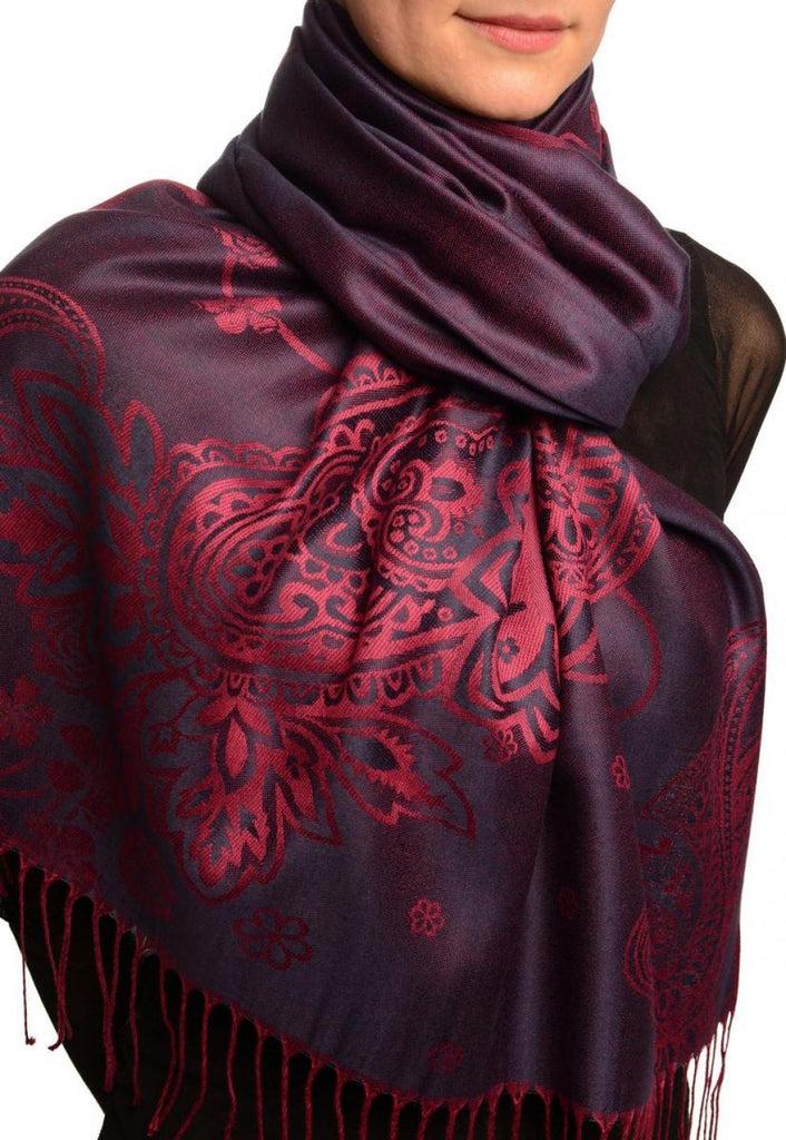 Liss Kiss Paisley & Roses On Dark Purple Pashmina Feel With Tassels - Scarf