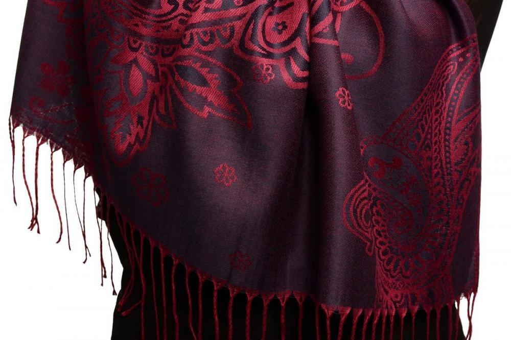 Liss Kiss Paisley & Roses On Dark Purple Pashmina Feel With Tassels - Scarf