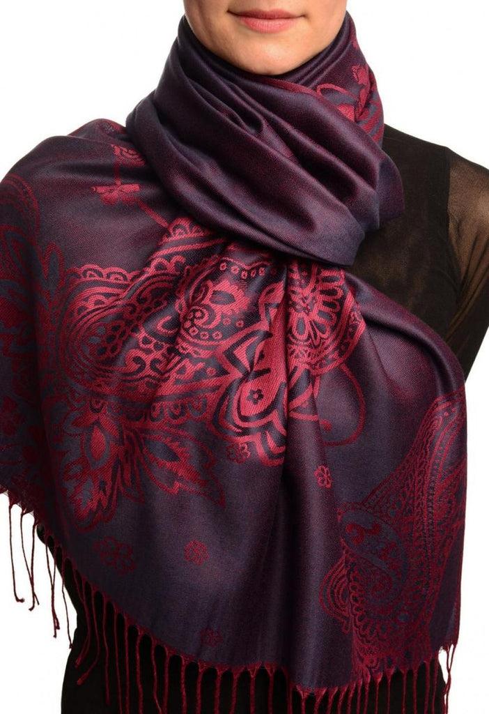 liss kiss Paisley & Roses On Dark Purple Pashmina Feel With Tassels - Scarf