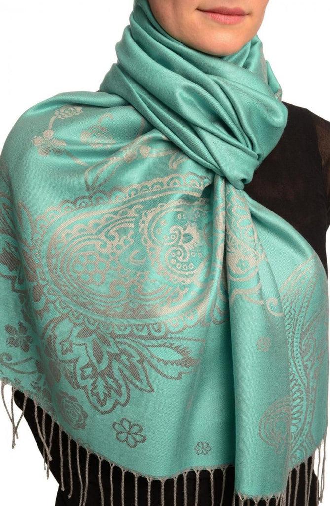 Liss Kiss Paisley & Roses On Eton Blue Pashmina Feel With Tassels - Scarf