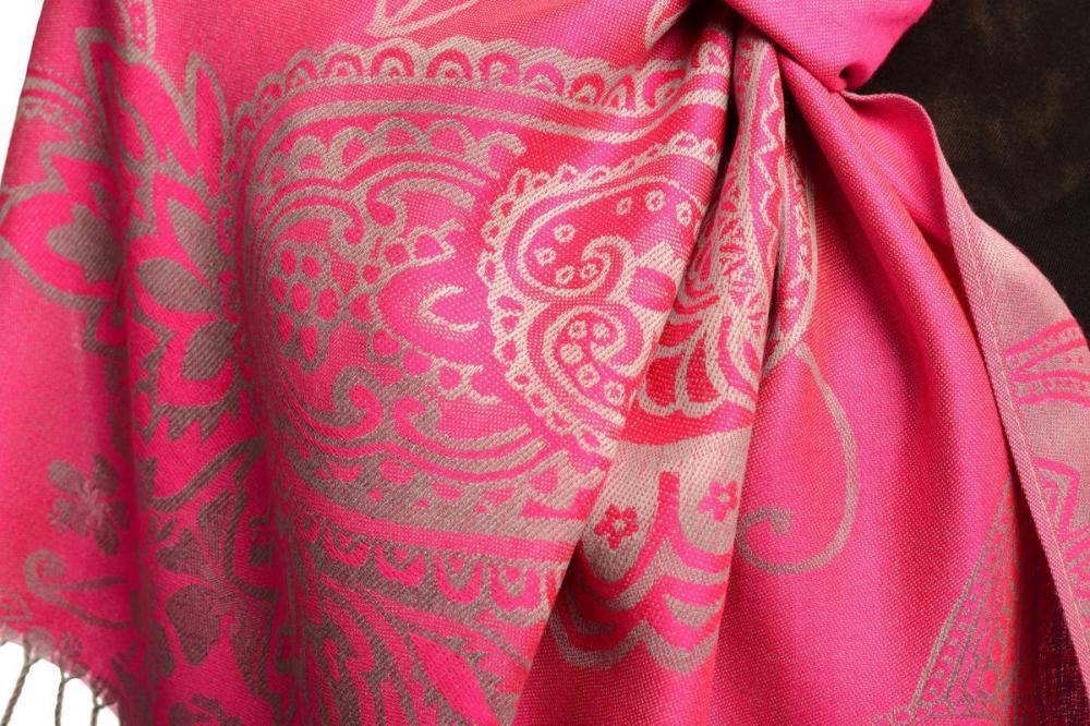 Liss Kiss Paisley & Roses On Fuchsia Pink Pashmina Feel With Tassels - Scarf