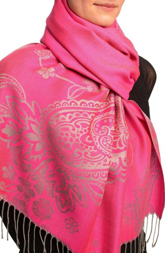 Liss Kiss Paisley & Roses On Fuchsia Pink Pashmina Feel With Tassels - Scarf