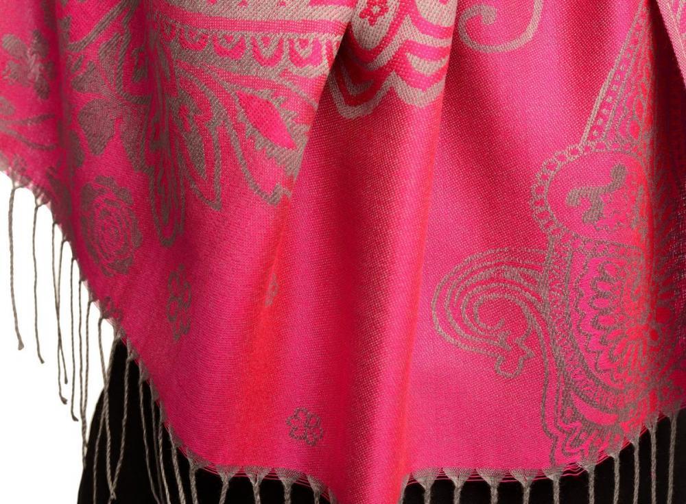 Liss Kiss Paisley & Roses On Fuchsia Pink Pashmina Feel With Tassels - Scarf