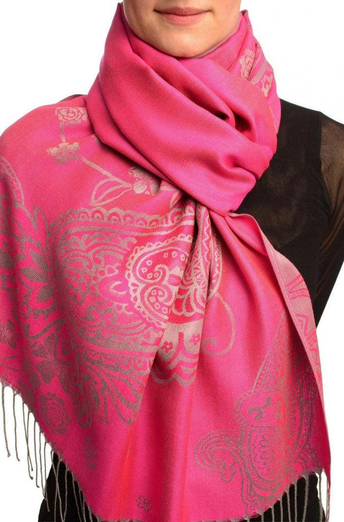 liss kiss Paisley & Roses On Fuchsia Pink Pashmina Feel With Tassels - Scarf