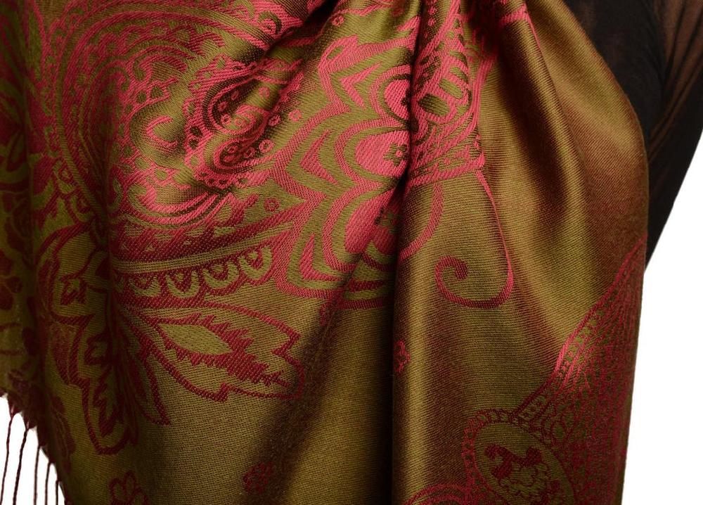 Liss Kiss Paisley & Roses On Olive Green Pashmina Feel With Tassels - Scarf