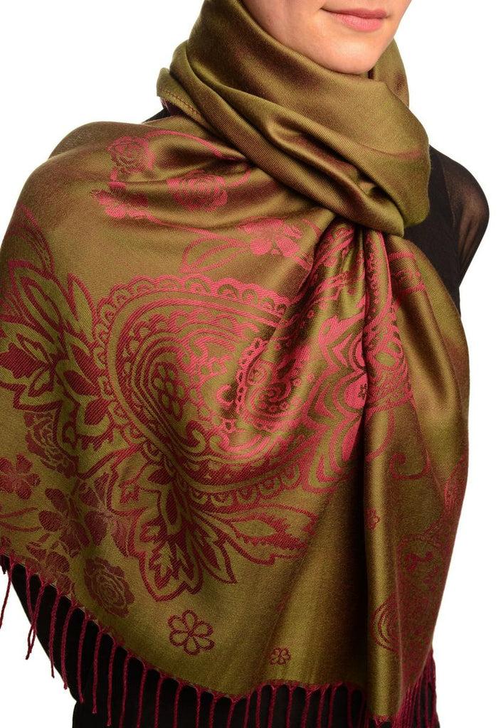 Liss Kiss Paisley & Roses On Olive Green Pashmina Feel With Tassels - Scarf