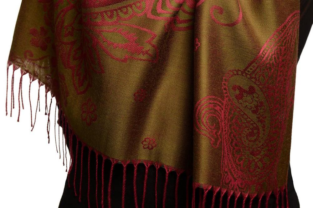 Liss Kiss Paisley & Roses On Olive Green Pashmina Feel With Tassels - Scarf