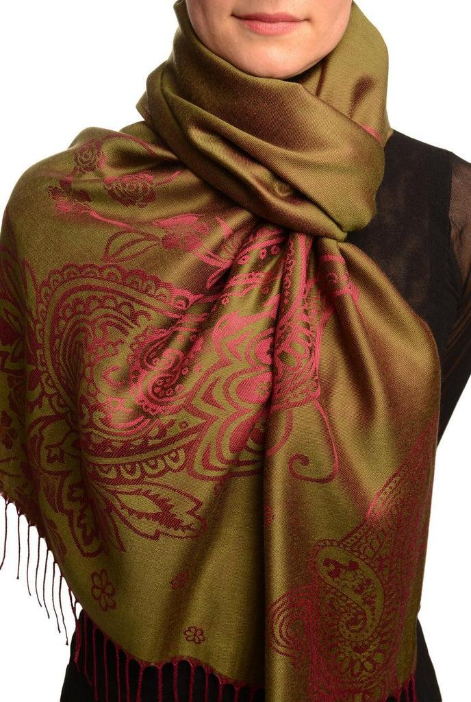 liss kiss Paisley & Roses On Olive Green Pashmina Feel With Tassels - Scarf