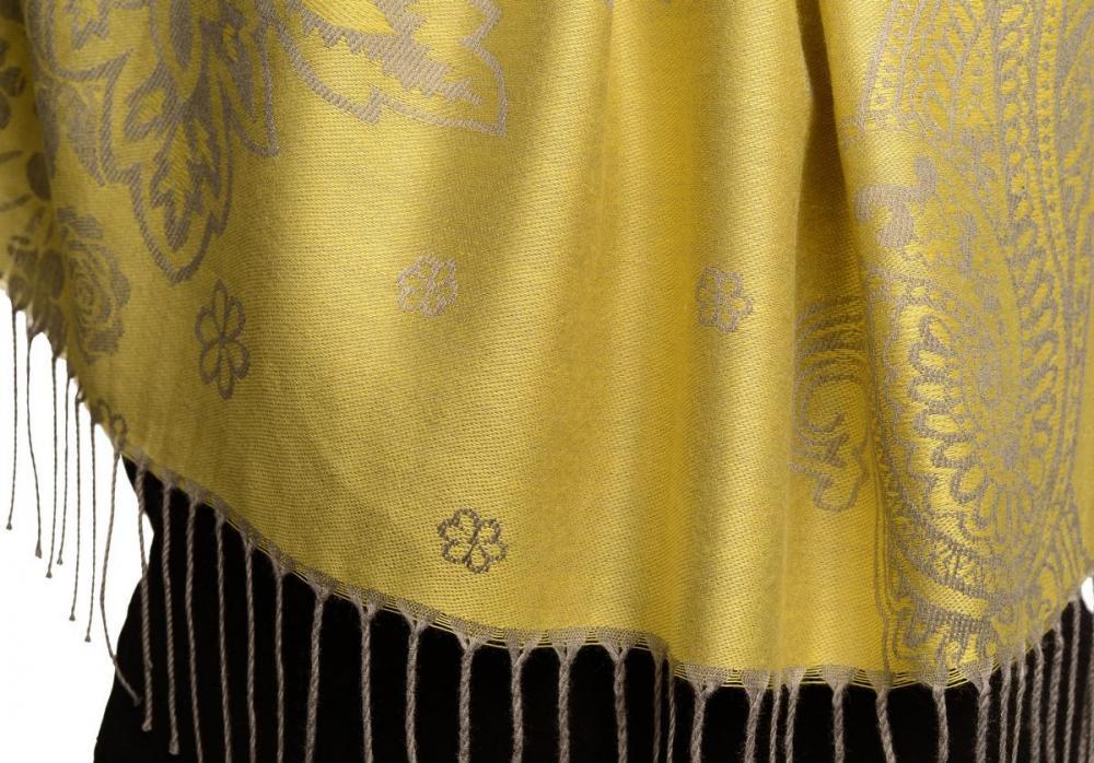 Liss Kiss Paisley & Roses On Pear Green Pashmina Feel With Tassels - Scarf