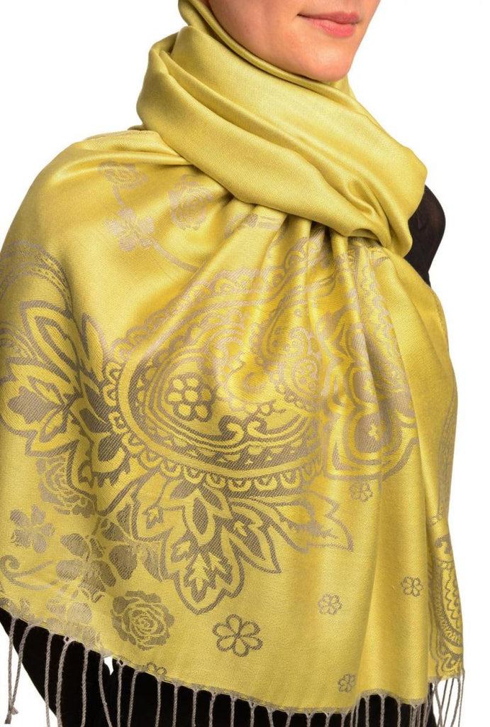 Liss Kiss Paisley & Roses On Pear Green Pashmina Feel With Tassels - Scarf