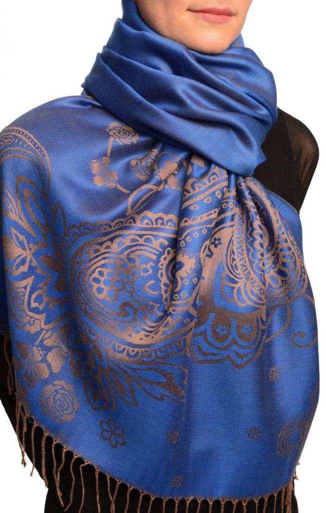 Liss Kiss Paisley & Roses On Persian Blue Pashmina Feel With Tassels - Scarf