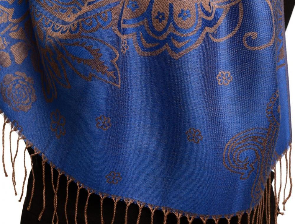 Liss Kiss Paisley & Roses On Persian Blue Pashmina Feel With Tassels - Scarf