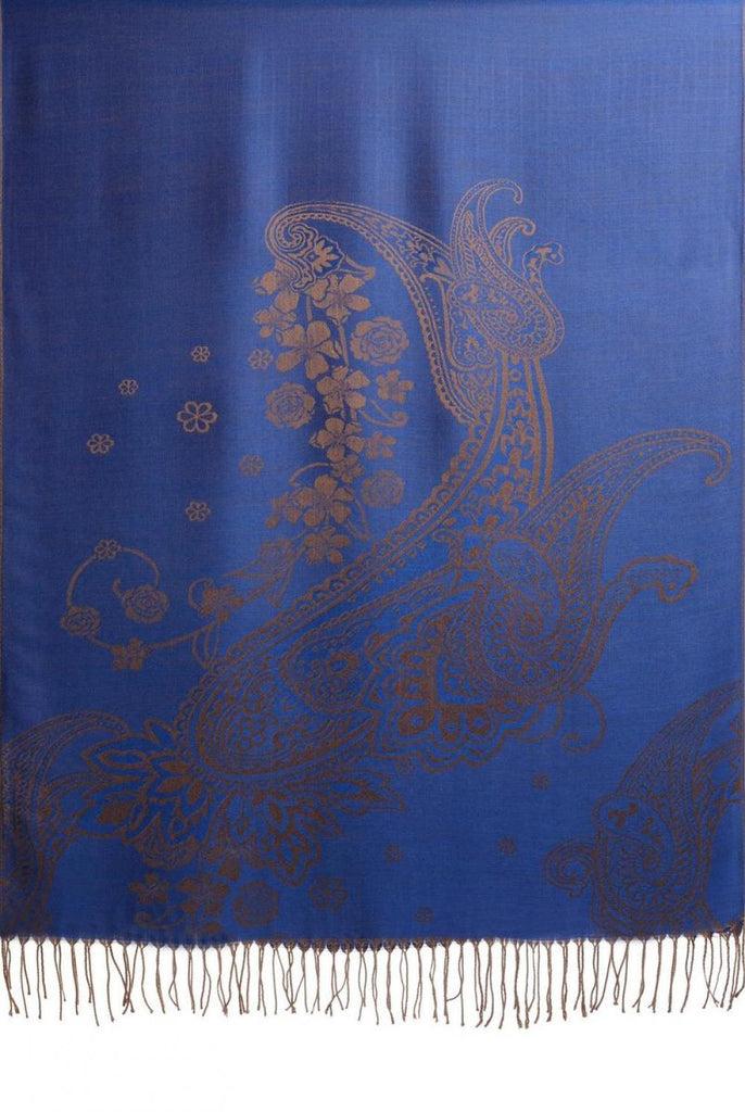 Liss Kiss Paisley & Roses On Persian Blue Pashmina Feel With Tassels - Scarf