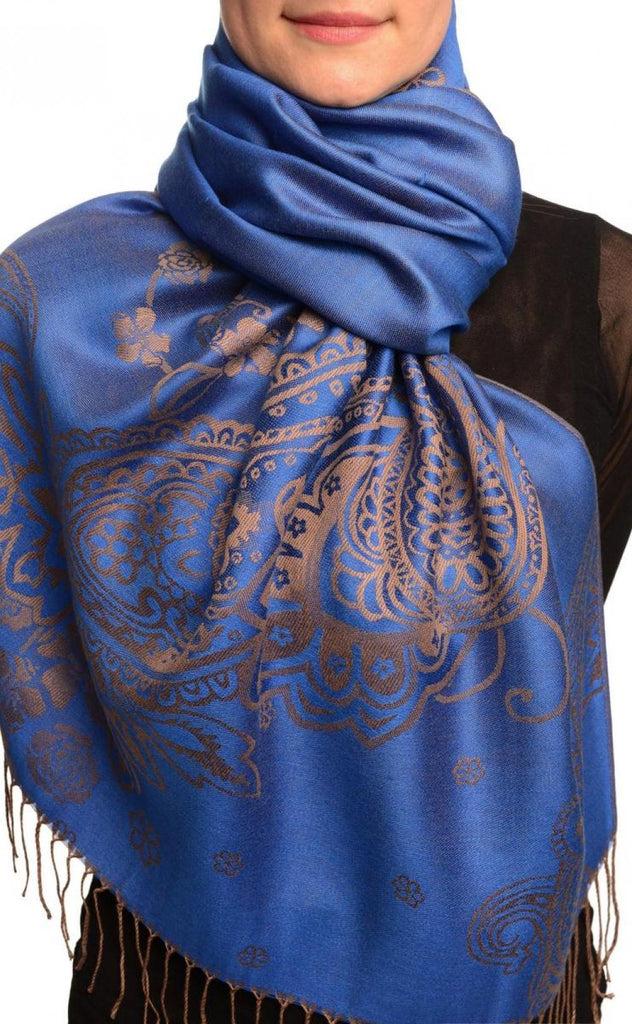 liss kiss Paisley & Roses On Persian Blue Pashmina Feel With Tassels - Scarf
