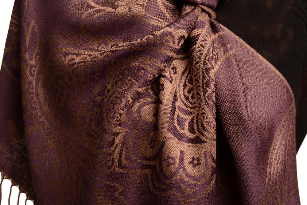 Liss Kiss Paisley & Roses On Purple Pashmina Feel With Tassels - Scarf