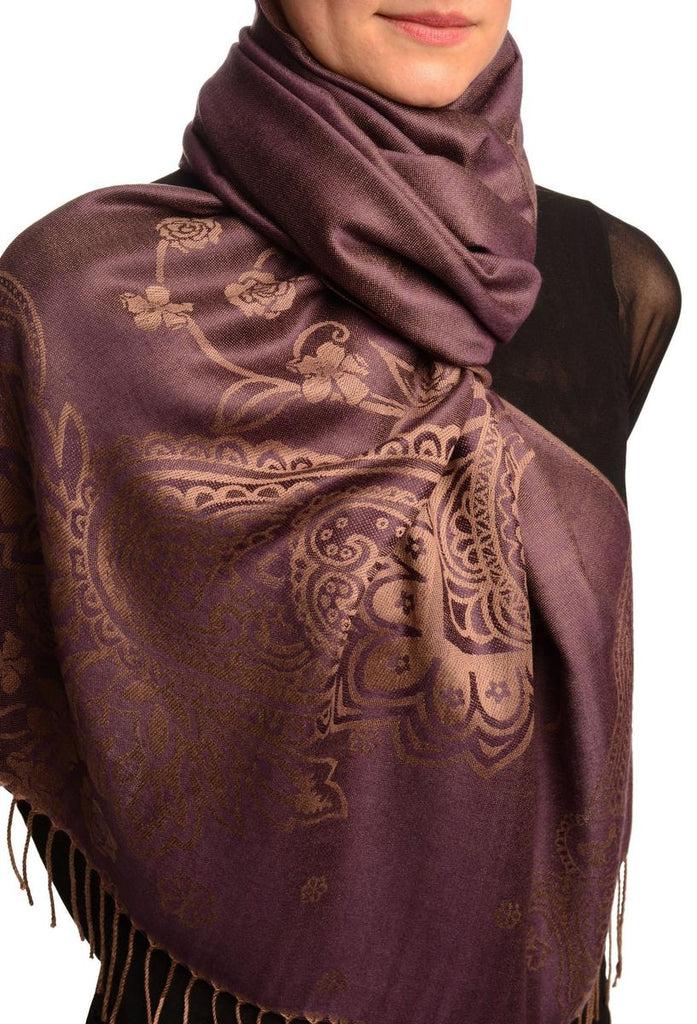 Liss Kiss Paisley & Roses On Purple Pashmina Feel With Tassels - Scarf