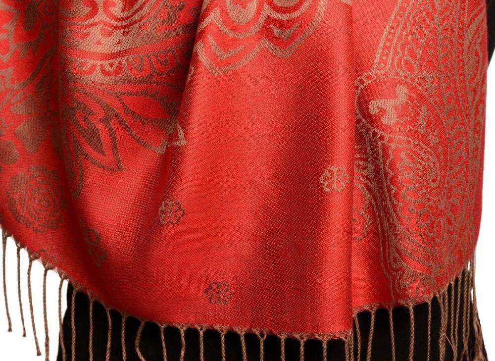 Liss Kiss Paisley & Roses On Red Pashmina Feel With Tassels - Scarf