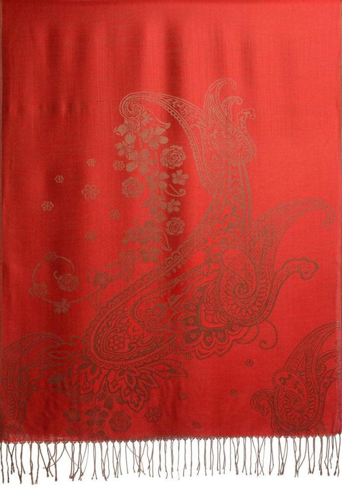 Liss Kiss Paisley & Roses On Red Pashmina Feel With Tassels - Scarf