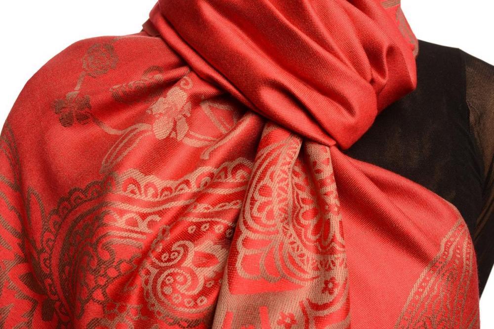 Liss Kiss Paisley & Roses On Red Pashmina Feel With Tassels - Scarf