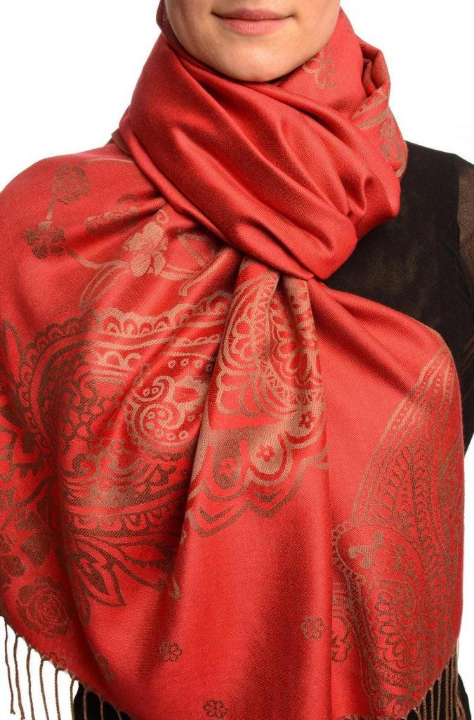 liss kiss Paisley & Roses On Red Pashmina Feel With Tassels - Scarf