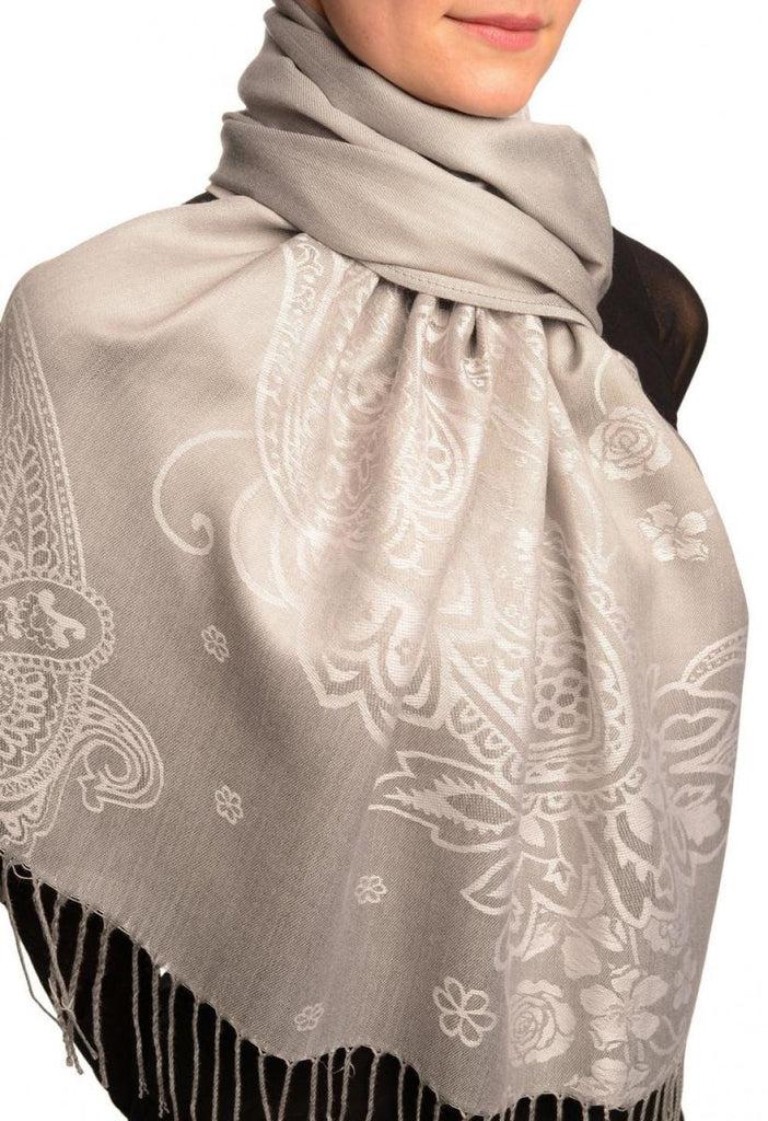 Liss Kiss Paisley & Roses On Silver Grey Pashmina Feel With Tassels - Scarf