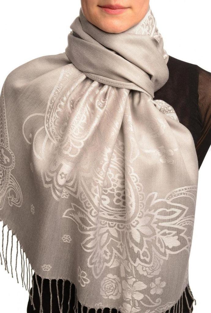 liss kiss Paisley & Roses On Silver Grey Pashmina Feel With Tassels - Scarf