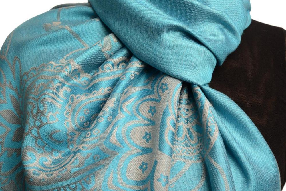 Liss Kiss Paisley & Roses On Sky Blue Pashmina Feel With Tassels - Scarf
