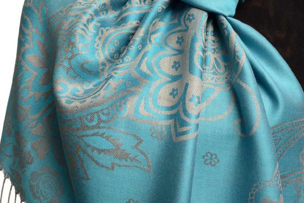 Liss Kiss Paisley & Roses On Sky Blue Pashmina Feel With Tassels - Scarf