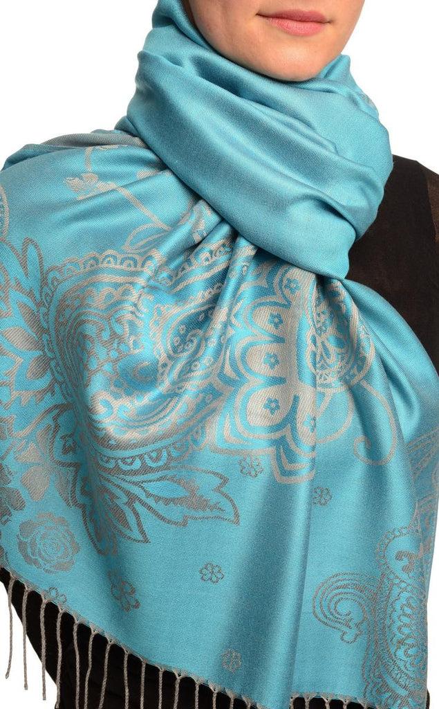 Liss Kiss Paisley & Roses On Sky Blue Pashmina Feel With Tassels - Scarf