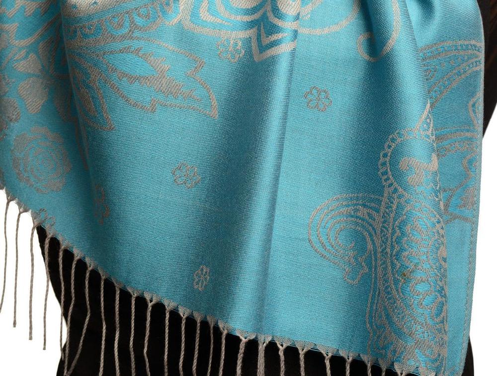 Liss Kiss Paisley & Roses On Sky Blue Pashmina Feel With Tassels - Scarf