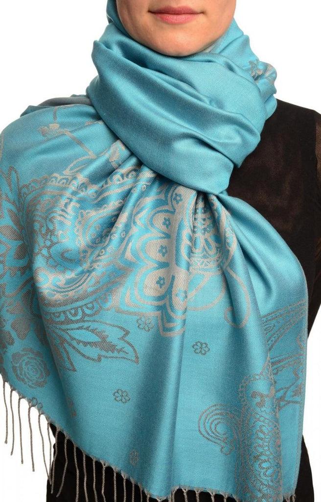 liss kiss Paisley & Roses On Sky Blue Pashmina Feel With Tassels - Scarf
