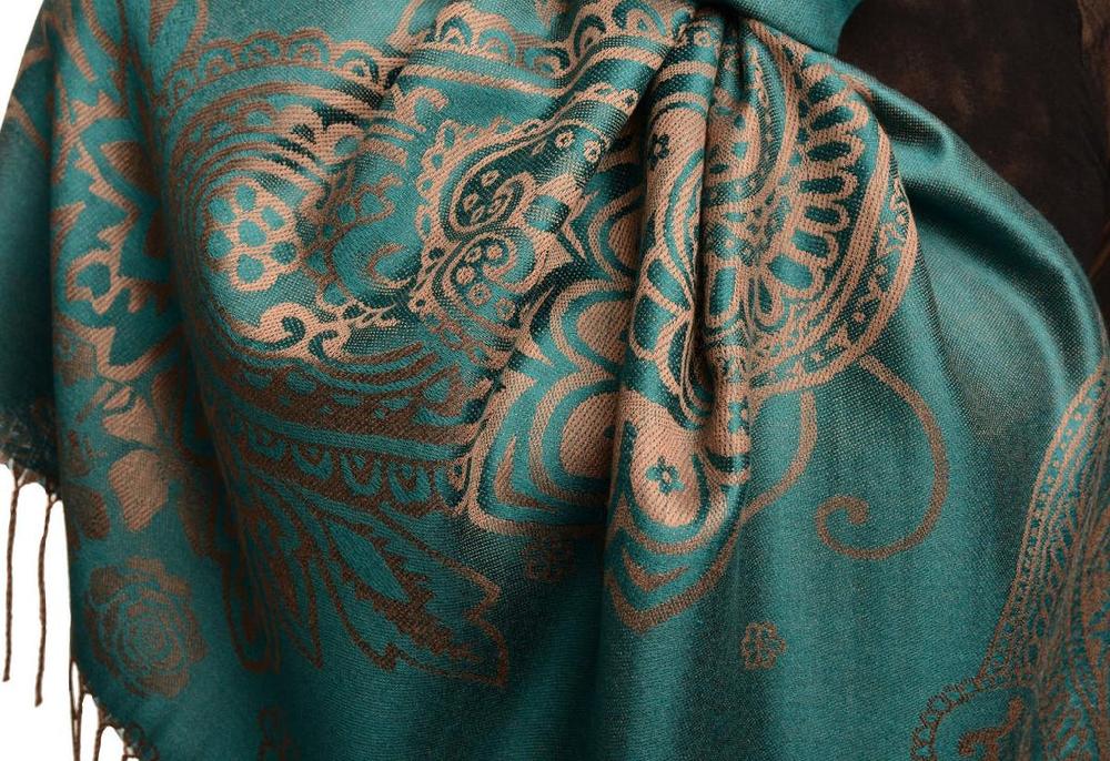Liss Kiss Paisley & Roses On Teal Blue Pashmina Feel With Tassels - Scarf