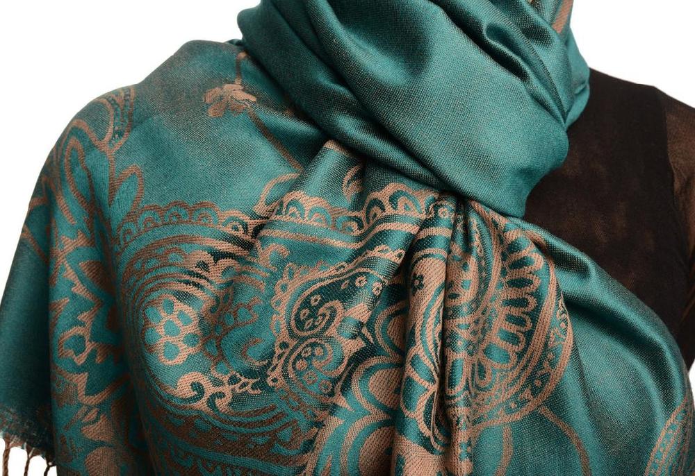 Liss Kiss Paisley & Roses On Teal Blue Pashmina Feel With Tassels - Scarf