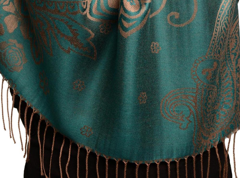 Liss Kiss Paisley & Roses On Teal Blue Pashmina Feel With Tassels - Scarf