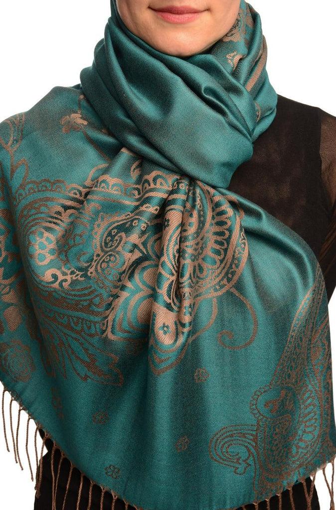 liss kiss Paisley & Roses On Teal Blue Pashmina Feel With Tassels - Scarf