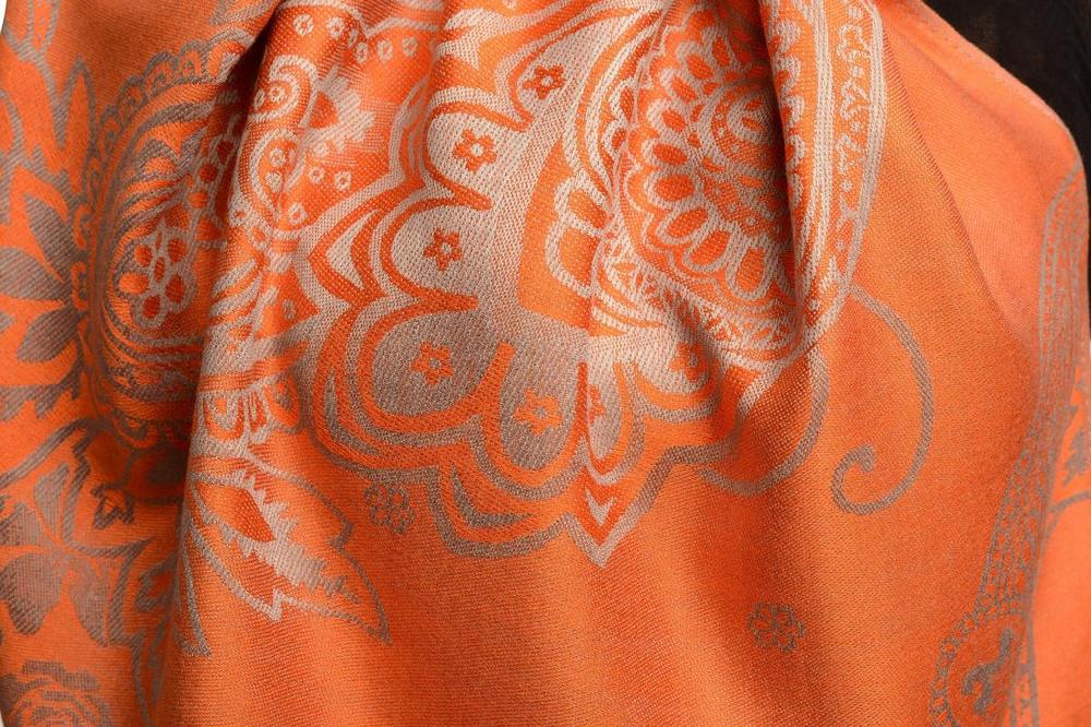 Liss Kiss Paisley & Roses On Terracotta Pashmina Feel With Tassels - Scarf