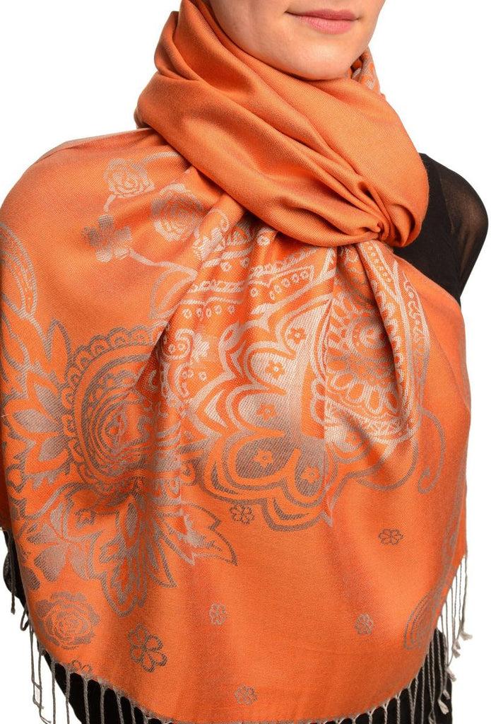 Liss Kiss Paisley & Roses On Terracotta Pashmina Feel With Tassels - Scarf