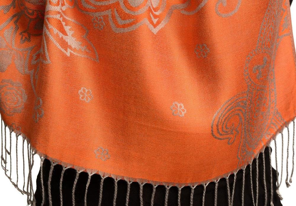 Liss Kiss Paisley & Roses On Terracotta Pashmina Feel With Tassels - Scarf