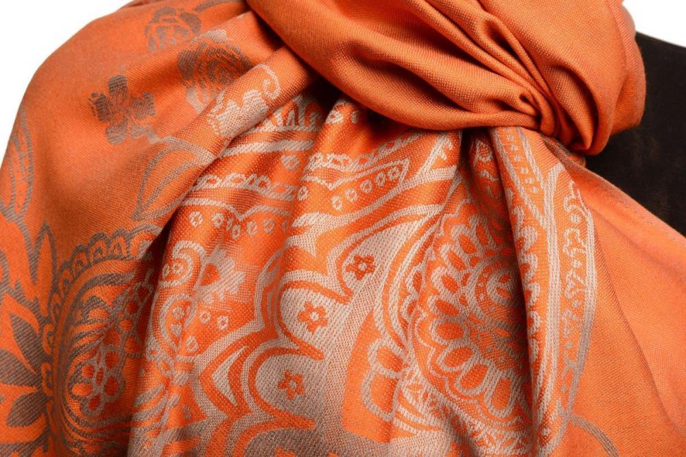 Liss Kiss Paisley & Roses On Terracotta Pashmina Feel With Tassels - Scarf